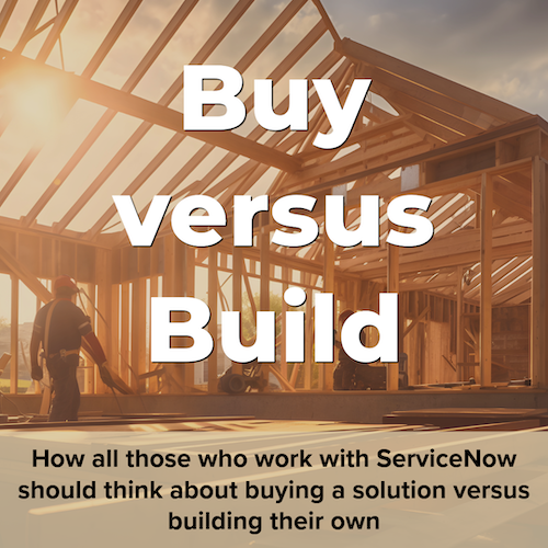 social media graphic about buy vs build relating to ServiceNow platform